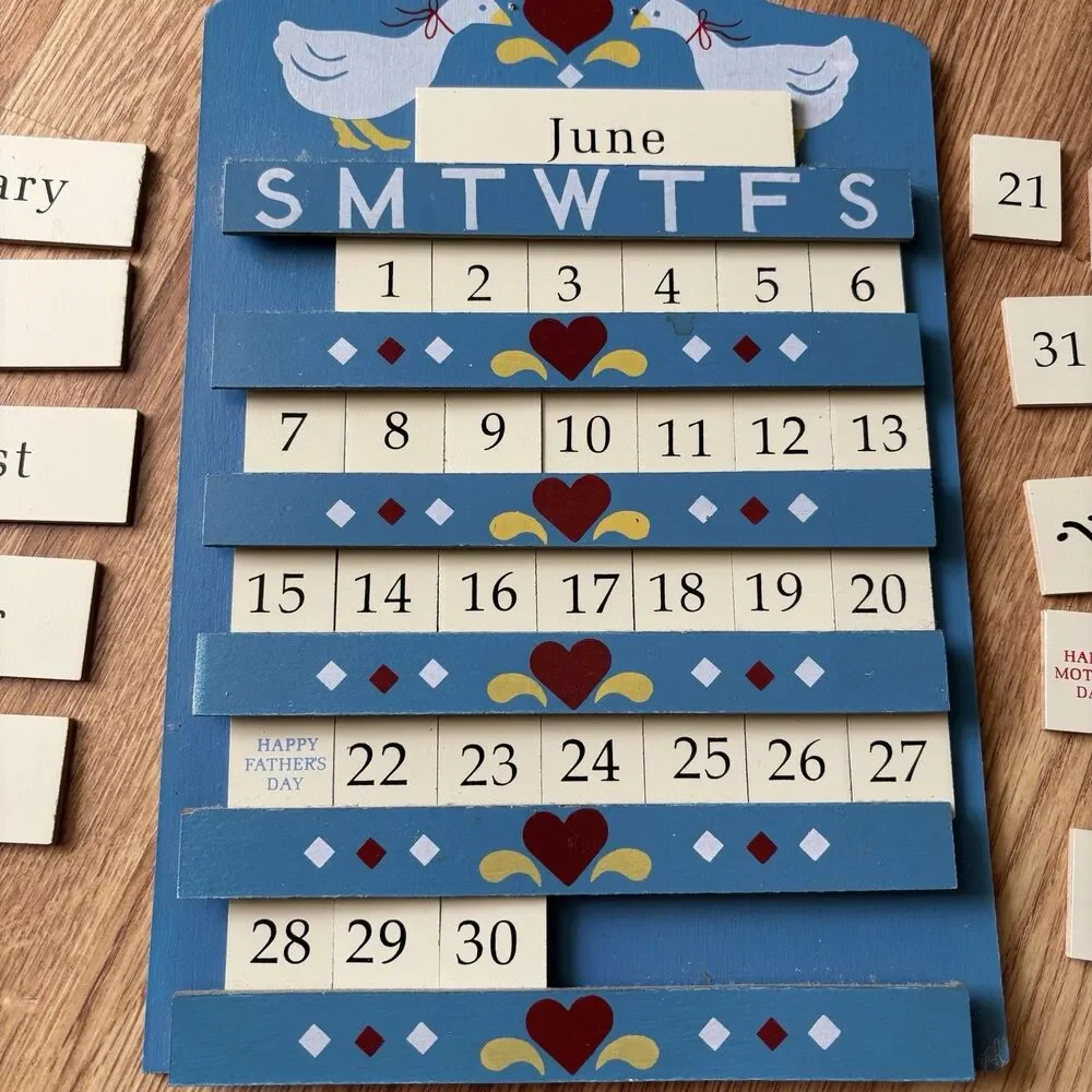 Vintage Wood Perpetual Calendar Blue Ribbon Goose Granny Cottagecore Holidays